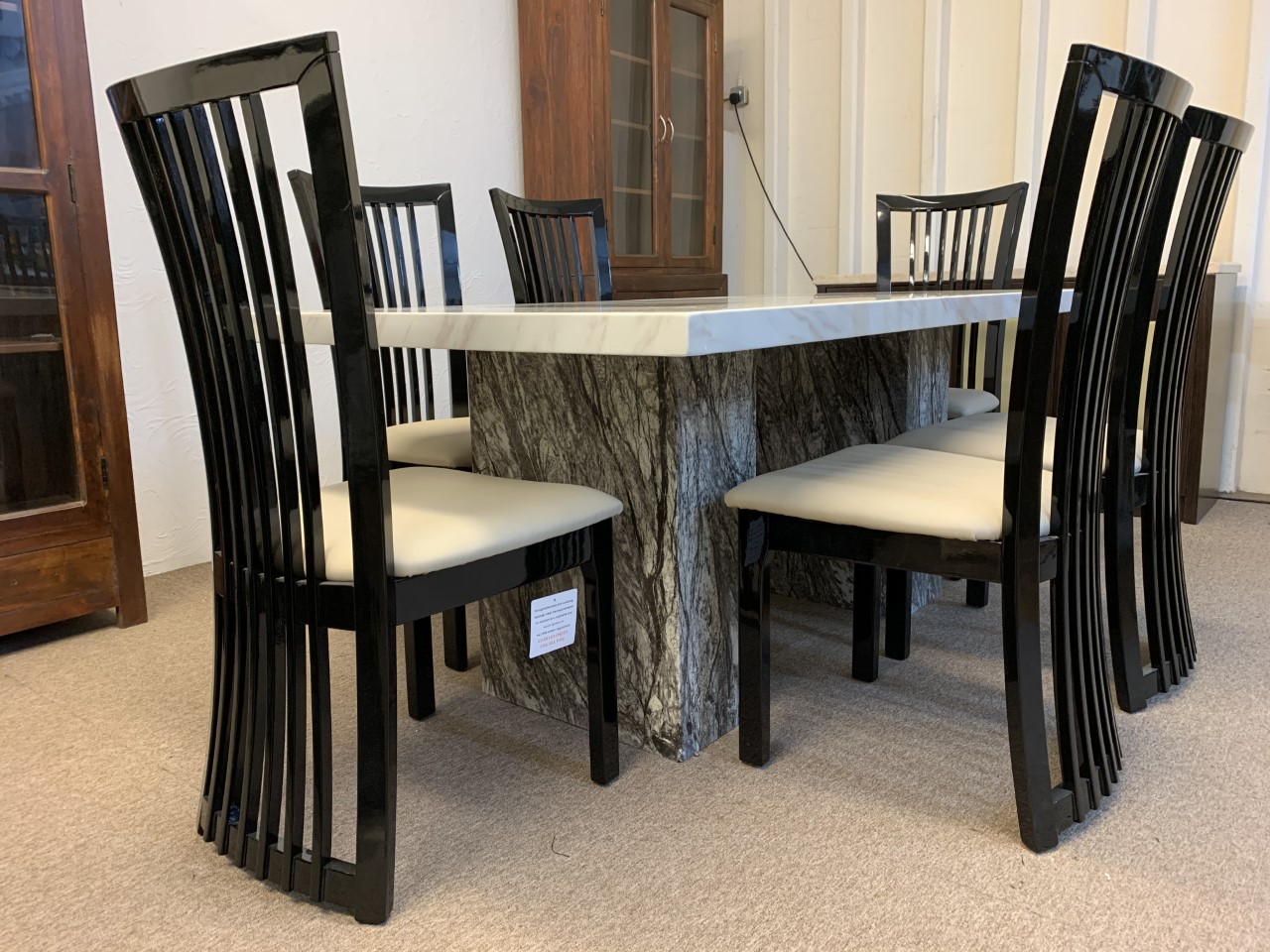 Brisbane Grey and Cream 180CM Marble Table with 6x Black Curveback